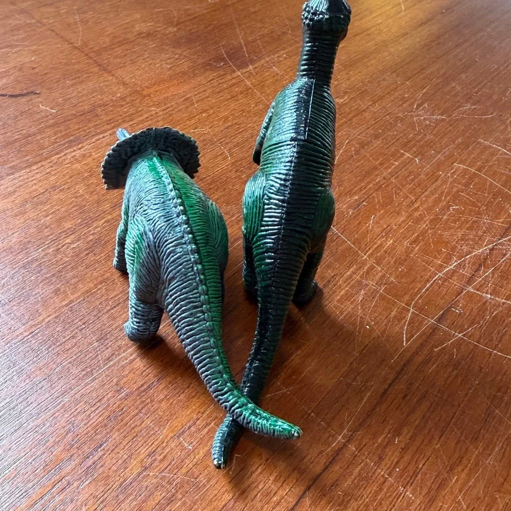 Vintage Green Plastic Dinosaur Figures Triceratops Parasaurolophus Homeschool